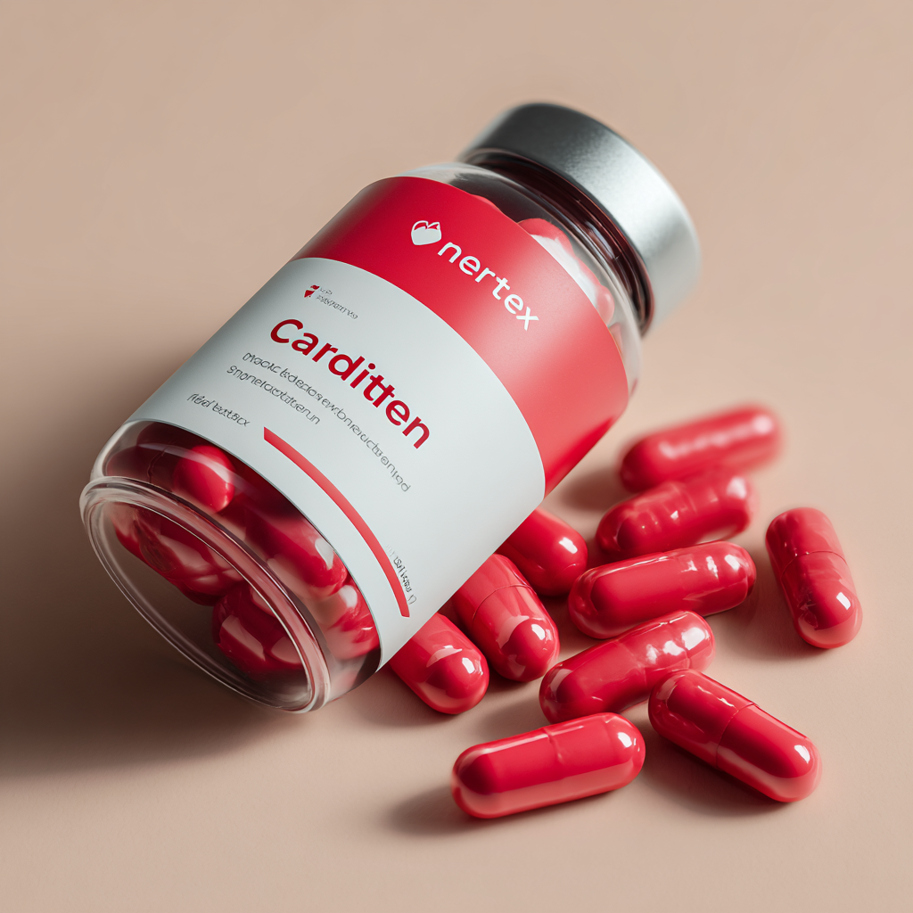 Supliment natural Carditten pentru susținerea cardiovasculară - cutie modernă cu capsula și ingrediente naturale, fotografiere profesională pe fundal alb